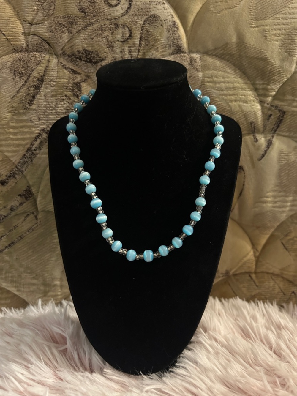 Vintage Blue Catseye + Clear Beaded Necklace
